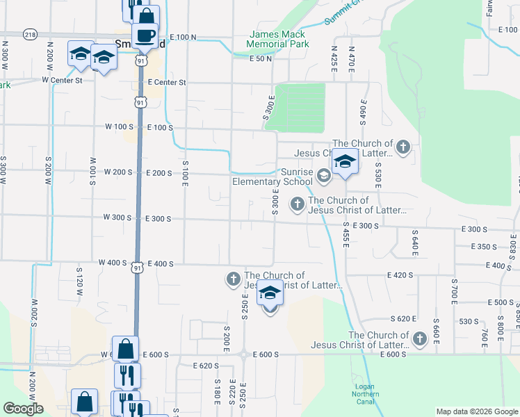 map of restaurants, bars, coffee shops, grocery stores, and more near 275 East 300 South in Smithfield