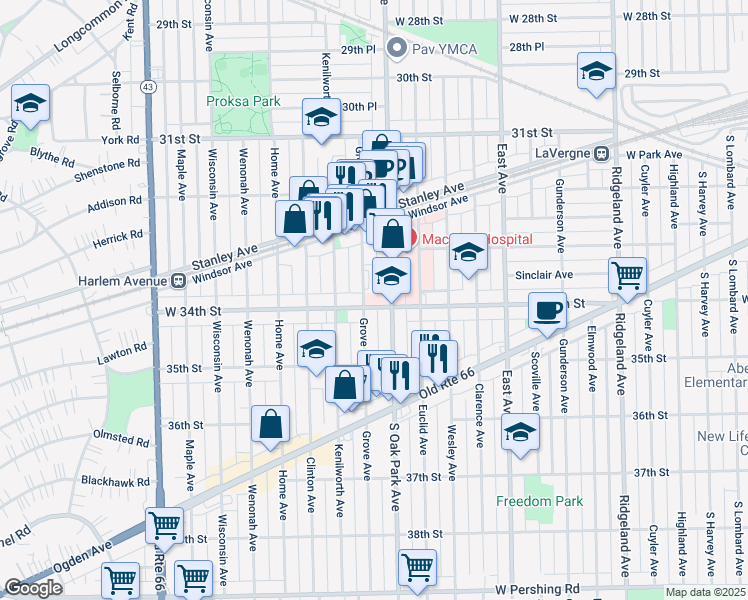 map of restaurants, bars, coffee shops, grocery stores, and more near 6717 Grove Avenue in Berwyn