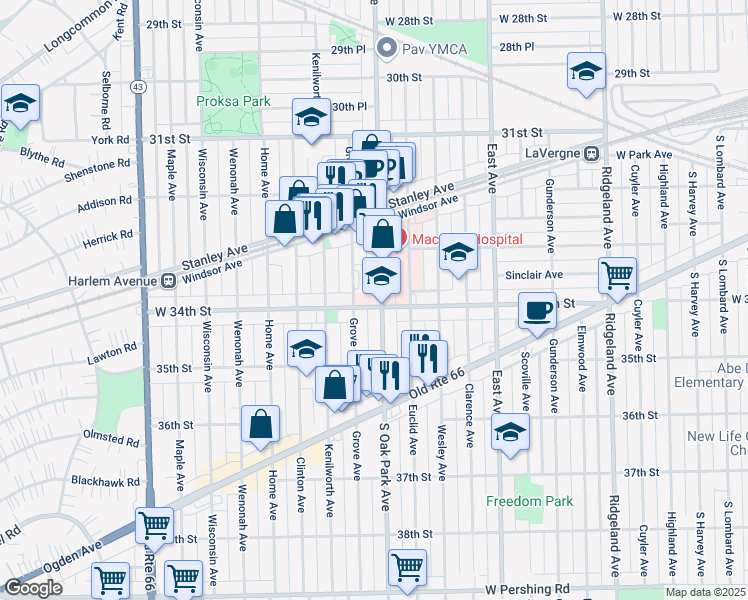 map of restaurants, bars, coffee shops, grocery stores, and more near 6717 Grove Avenue in Berwyn
