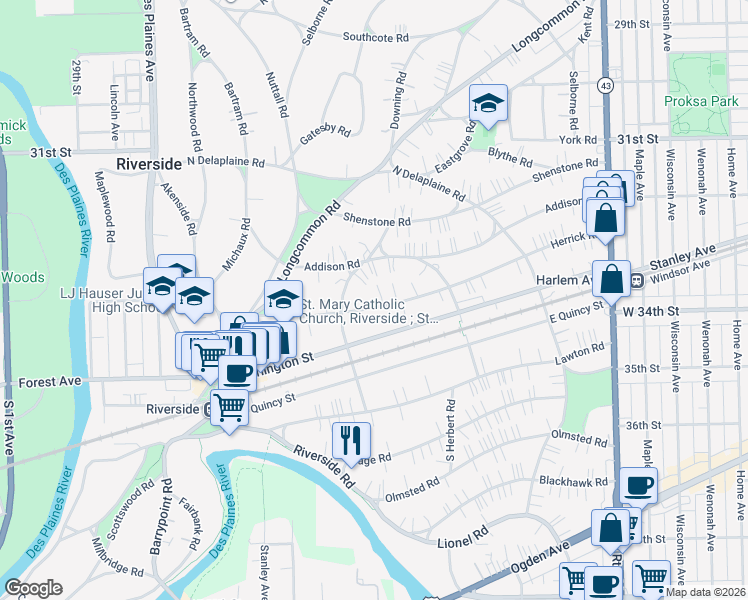 map of restaurants, bars, coffee shops, grocery stores, and more near 198 Herrick Road in Riverside
