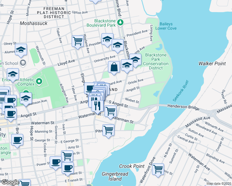 map of restaurants, bars, coffee shops, grocery stores, and more near 204 Butler Avenue in Providence