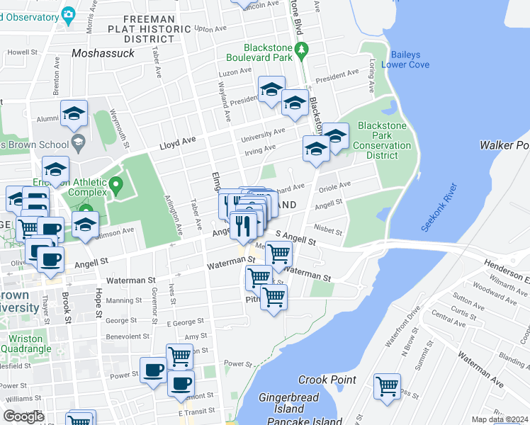 map of restaurants, bars, coffee shops, grocery stores, and more near 531 Angell Street in Providence