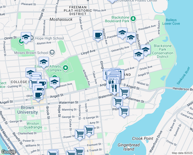 map of restaurants, bars, coffee shops, grocery stores, and more near 27 Taber Avenue in Providence