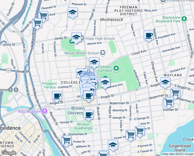 map of restaurants, bars, coffee shops, grocery stores, and more near 251 Bowen Street in Providence