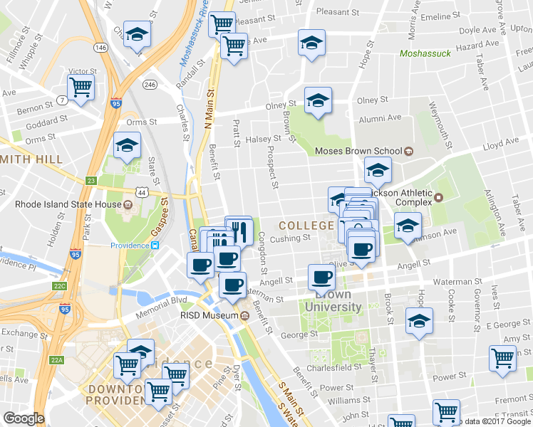 map of restaurants, bars, coffee shops, grocery stores, and more near 92 Prospect Street in Providence