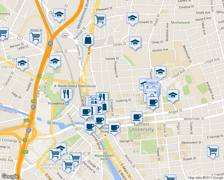 map of restaurants, bars, coffee shops, grocery stores, and more near 78 Congdon Street in Providence