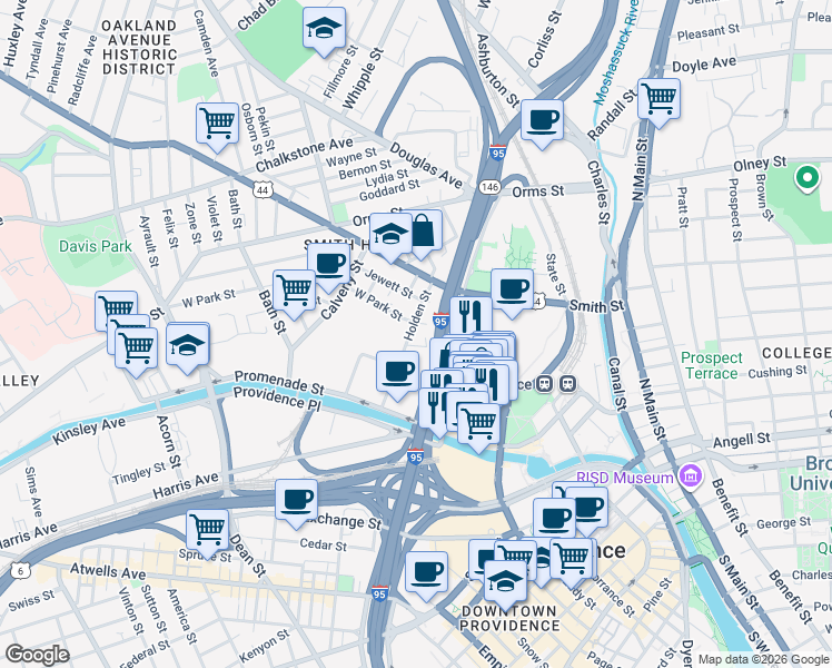 map of restaurants, bars, coffee shops, grocery stores, and more near 10 West Park Street in Providence