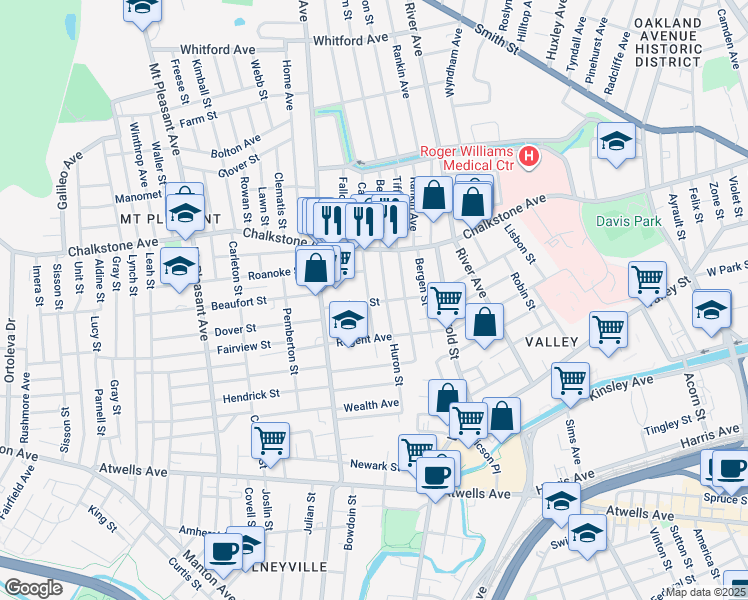 map of restaurants, bars, coffee shops, grocery stores, and more near 58 Andem Street in Providence
