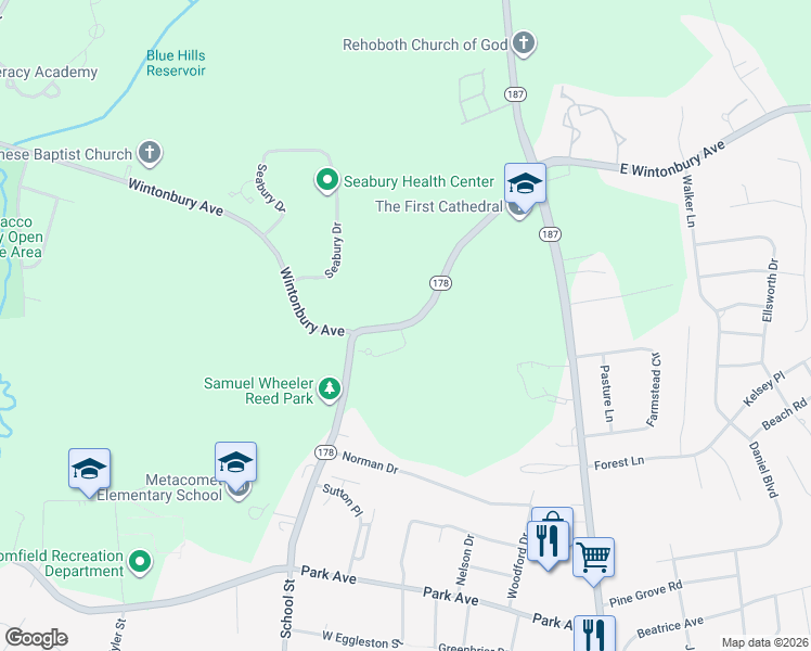 map of restaurants, bars, coffee shops, grocery stores, and more near 7 Camelot Drive in Bloomfield