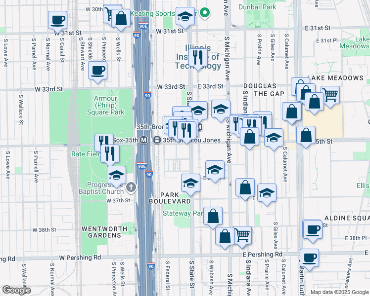 map of restaurants, bars, coffee shops, grocery stores, and more near 3508 South State Street in Chicago