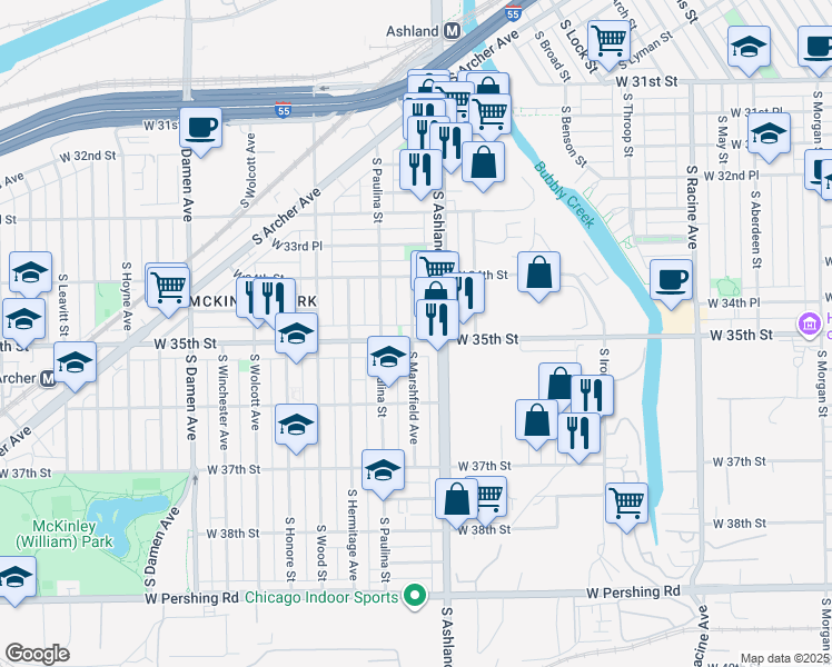 map of restaurants, bars, coffee shops, grocery stores, and more near 1604 West 35th Street in Chicago
