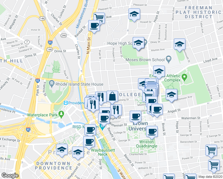 map of restaurants, bars, coffee shops, grocery stores, and more near 102 Bowen Street in Providence