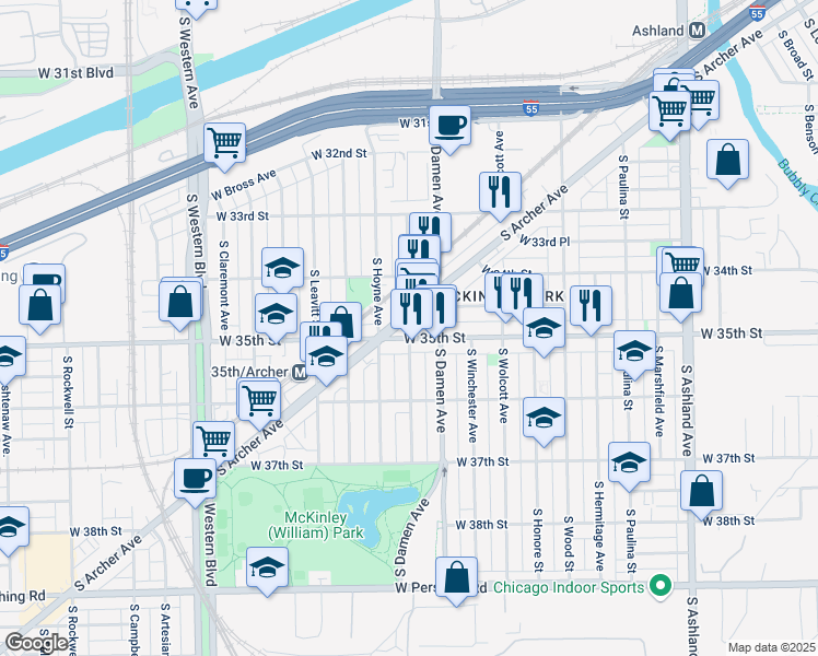map of restaurants, bars, coffee shops, grocery stores, and more near 2030 West 35th Street in Chicago