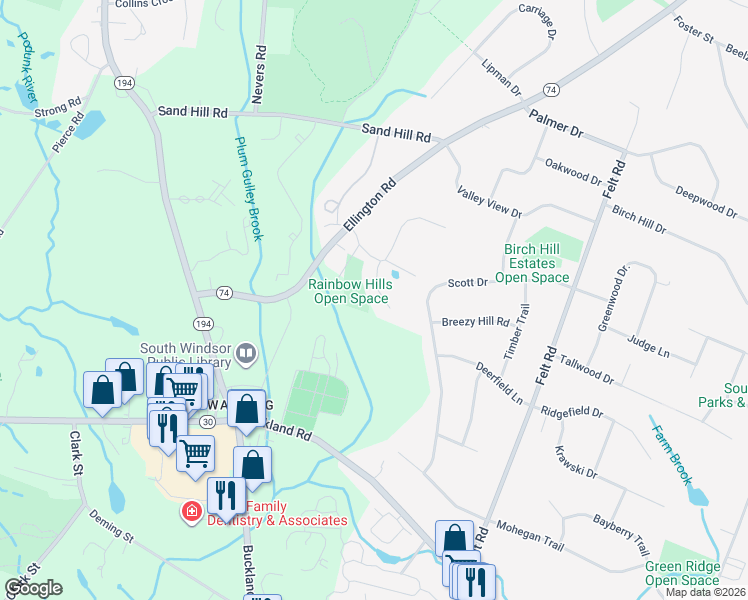 map of restaurants, bars, coffee shops, grocery stores, and more near 38 Darlene Drive in South Windsor