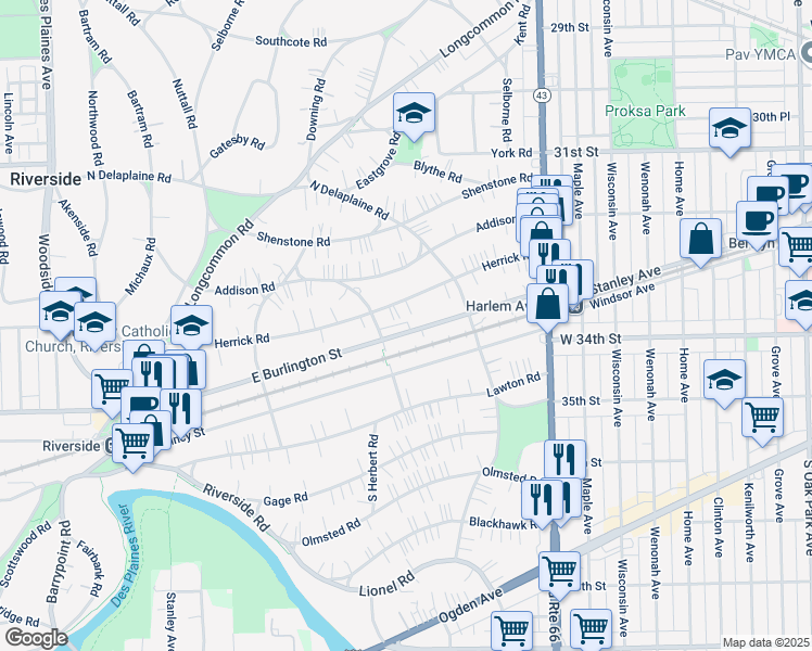 map of restaurants, bars, coffee shops, grocery stores, and more near 254 East Burlington Street in Riverside