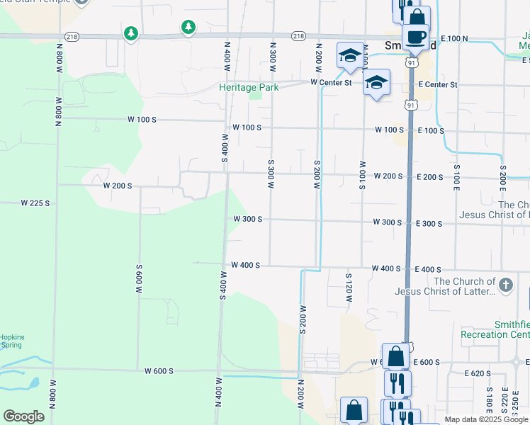 map of restaurants, bars, coffee shops, grocery stores, and more near 297 South 300 West in Smithfield