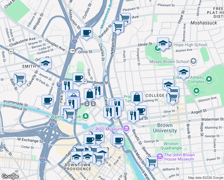 map of restaurants, bars, coffee shops, grocery stores, and more near in Providence