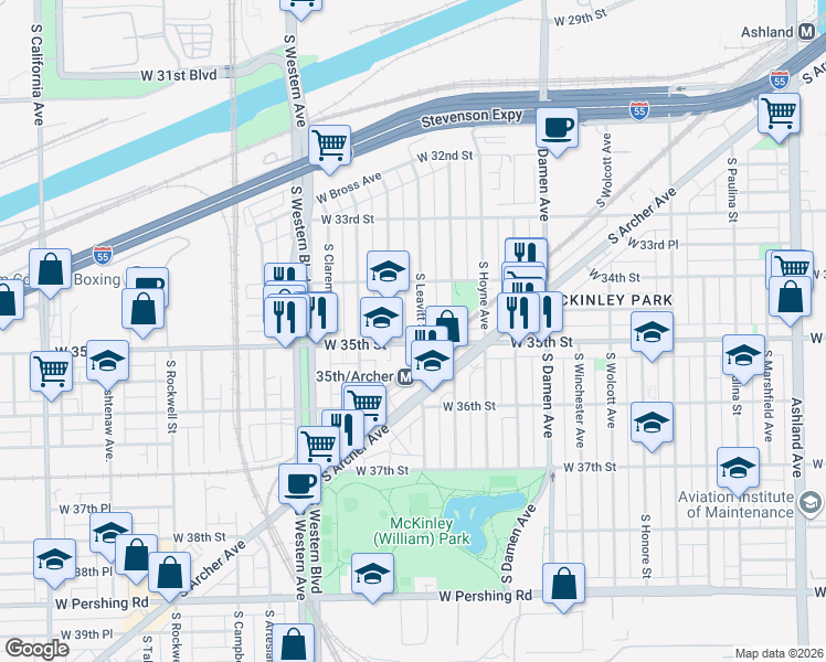 map of restaurants, bars, coffee shops, grocery stores, and more near 3459 South Bell Avenue in Chicago