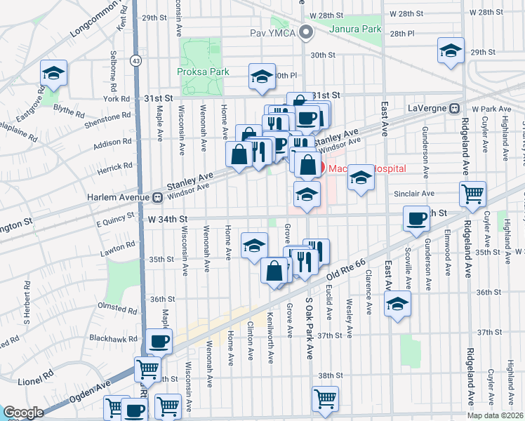 map of restaurants, bars, coffee shops, grocery stores, and more near 6835 34th Street in Berwyn