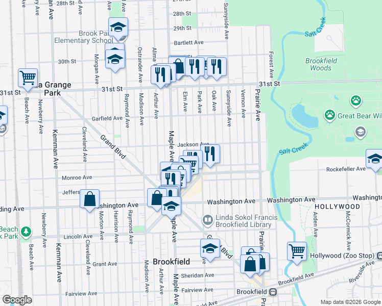 map of restaurants, bars, coffee shops, grocery stores, and more near 3320 Elm Avenue in Brookfield