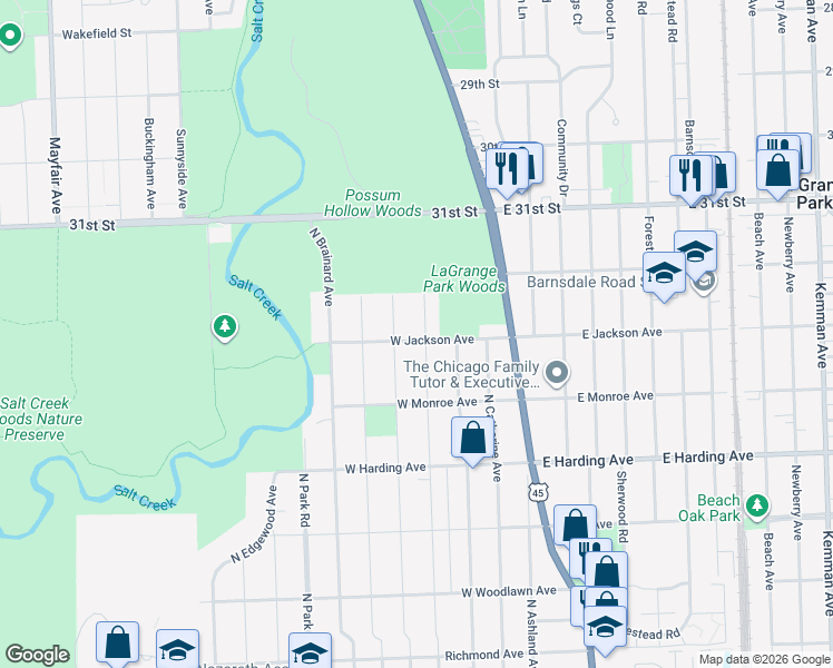 map of restaurants, bars, coffee shops, grocery stores, and more near 845 North Waiola Avenue in La Grange Park