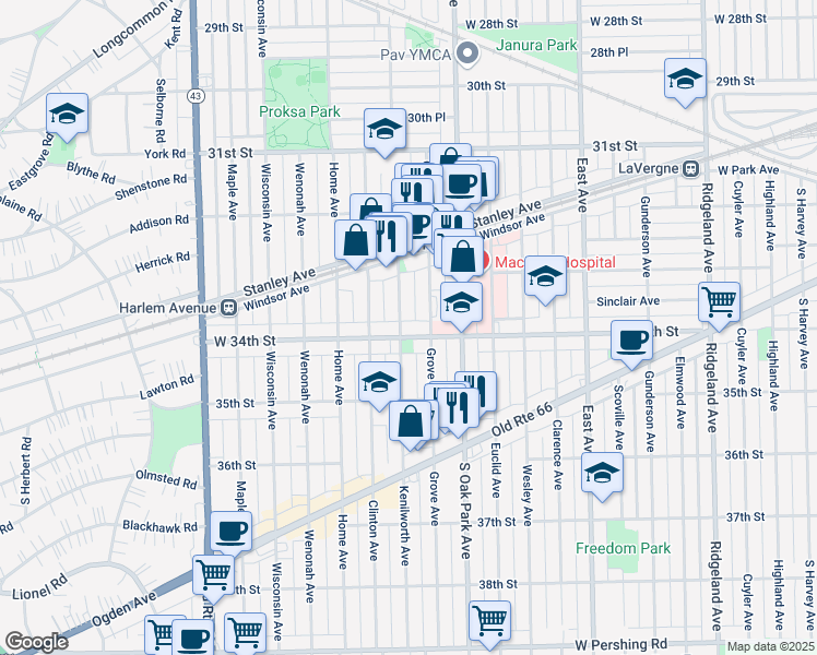map of restaurants, bars, coffee shops, grocery stores, and more near 6835 34th St in Berwyn