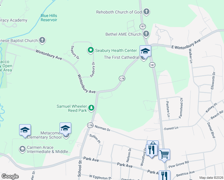 map of restaurants, bars, coffee shops, grocery stores, and more near 7 Camelot Drive in Bloomfield