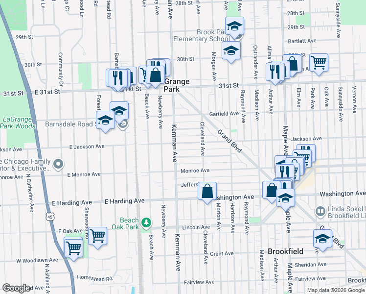 map of restaurants, bars, coffee shops, grocery stores, and more near 3305 Kemman Avenue in Brookfield