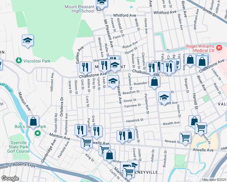map of restaurants, bars, coffee shops, grocery stores, and more near 145 Beaufort Street in Providence