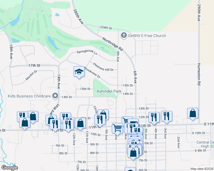 map of restaurants, bars, coffee shops, grocery stores, and more near 821 Brookview Drive in DeWitt