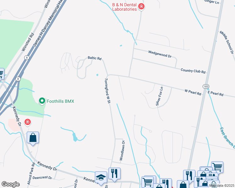 map of restaurants, bars, coffee shops, grocery stores, and more near 1180 Torringford West Street in Torrington