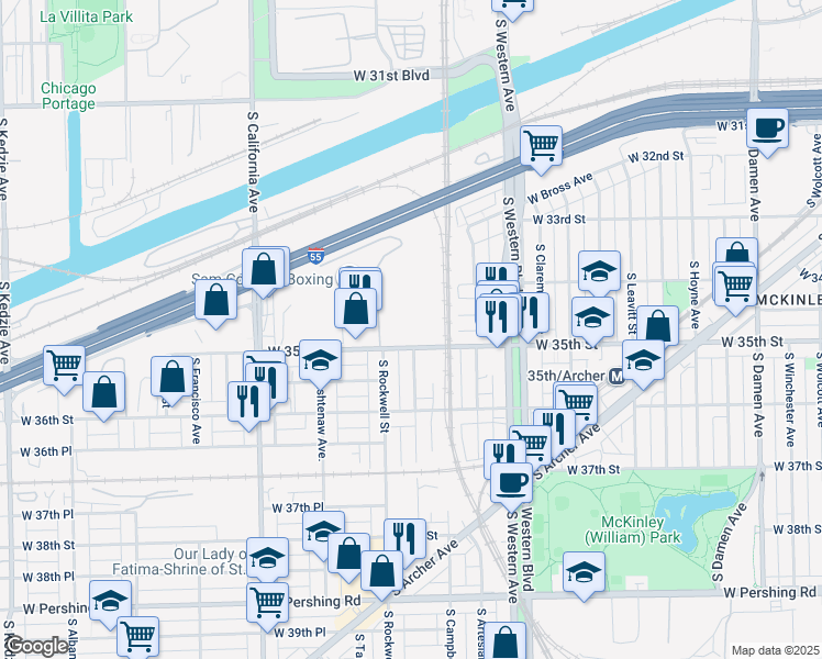 map of restaurants, bars, coffee shops, grocery stores, and more near 2500 West 35th Street in Chicago