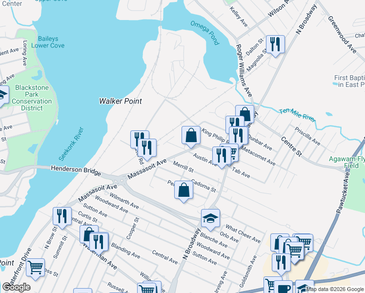 map of restaurants, bars, coffee shops, grocery stores, and more near 9 Tallman Avenue in East Providence