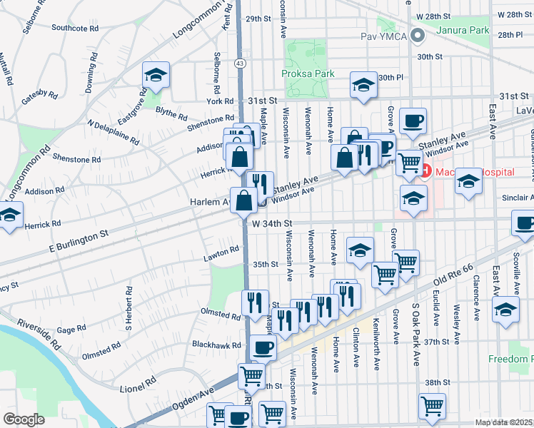 map of restaurants, bars, coffee shops, grocery stores, and more near 7113 34th Street in Berwyn