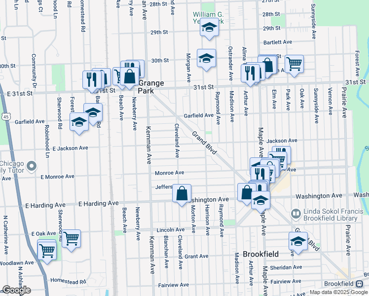 map of restaurants, bars, coffee shops, grocery stores, and more near 9428 Henrietta Avenue in Brookfield