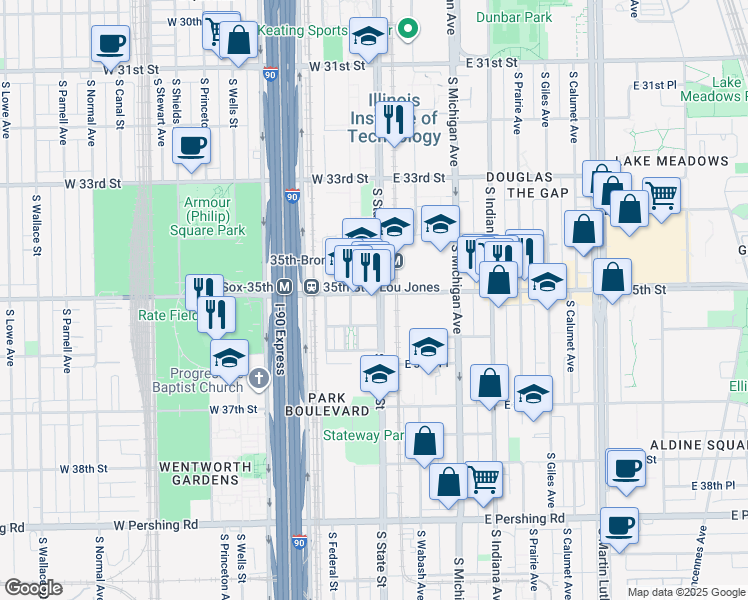 map of restaurants, bars, coffee shops, grocery stores, and more near 3506 South State Street in Chicago