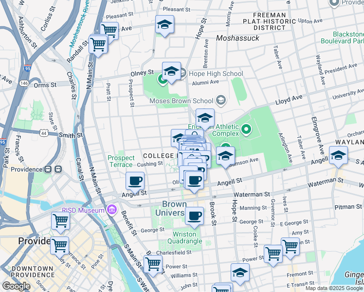 map of restaurants, bars, coffee shops, grocery stores, and more near Bowen Street in Providence