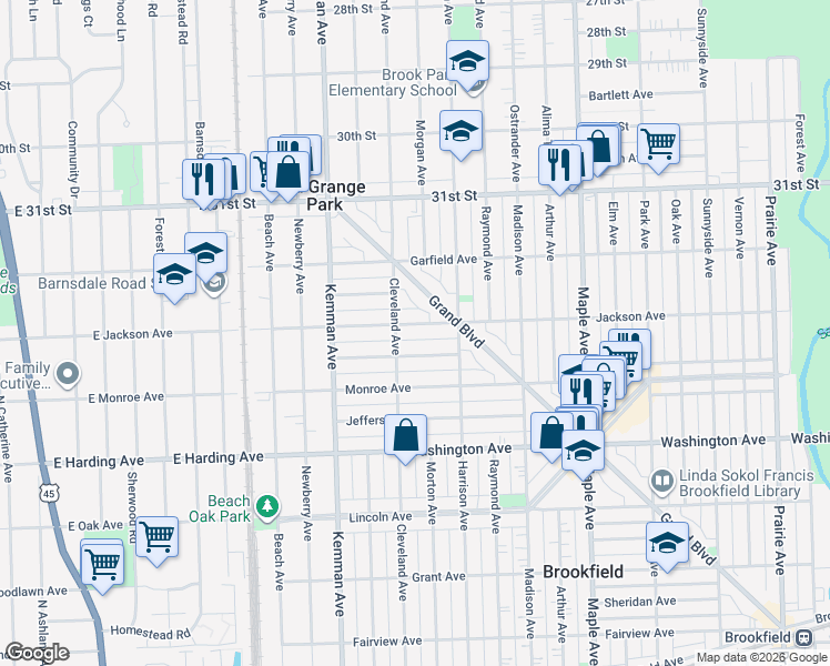 map of restaurants, bars, coffee shops, grocery stores, and more near 9428 Henrietta Avenue in Brookfield