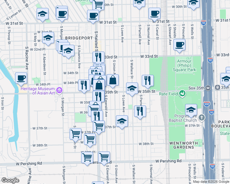 map of restaurants, bars, coffee shops, grocery stores, and more near W 35th St & S Union Ave in Chicago