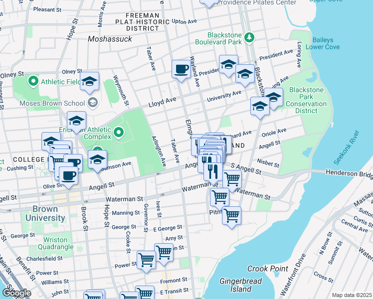 map of restaurants, bars, coffee shops, grocery stores, and more near 27 Taber Avenue in Providence