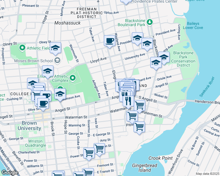 map of restaurants, bars, coffee shops, grocery stores, and more near 27 Taber Avenue in Providence