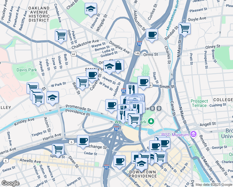 map of restaurants, bars, coffee shops, grocery stores, and more near 10 West Park Street in Providence