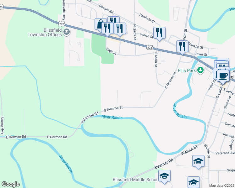 map of restaurants, bars, coffee shops, grocery stores, and more near 221 Joy Street in Blissfield