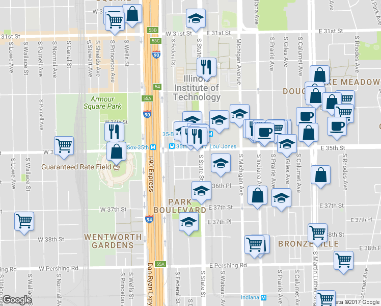 map of restaurants, bars, coffee shops, grocery stores, and more near 3508 South State Street in Chicago