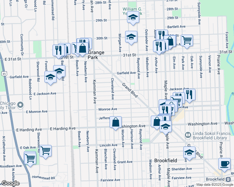 map of restaurants, bars, coffee shops, grocery stores, and more near 9428 Henrietta Avenue in Brookfield