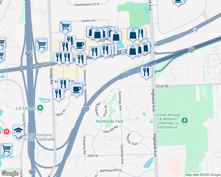map of restaurants, bars, coffee shops, grocery stores, and more near 3140 Venard Road in Downers Grove