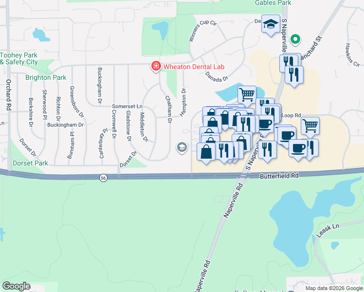 map of restaurants, bars, coffee shops, grocery stores, and more near 2059 Chatham Drive in Wheaton