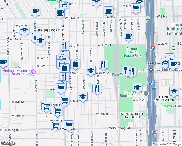 map of restaurants, bars, coffee shops, grocery stores, and more near W 35th St & S Wallace St in Chicago