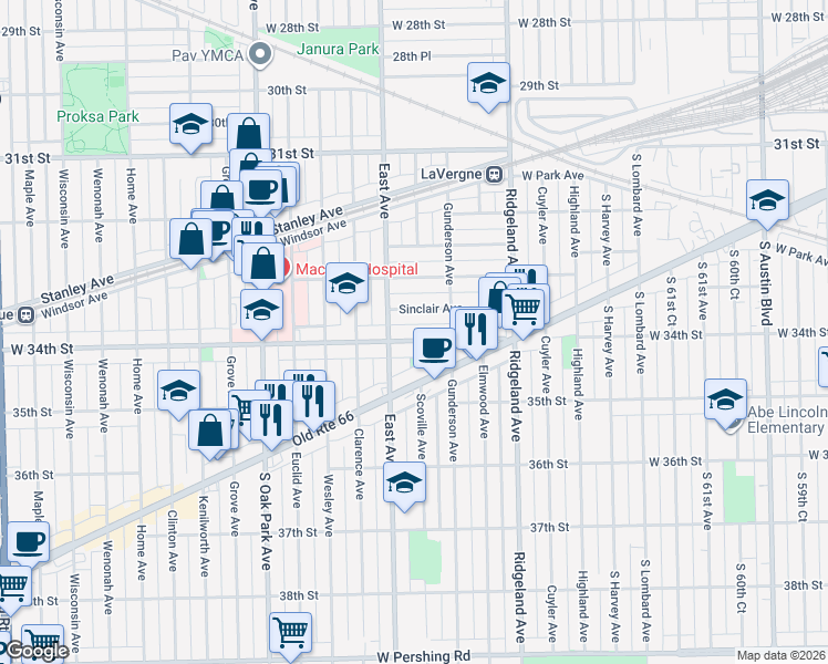 map of restaurants, bars, coffee shops, grocery stores, and more near 6525 34th Street in Berwyn