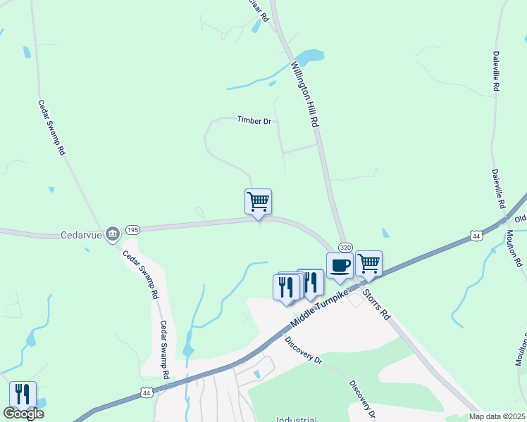 map of restaurants, bars, coffee shops, grocery stores, and more near 1734 Storrs Road in Mansfield